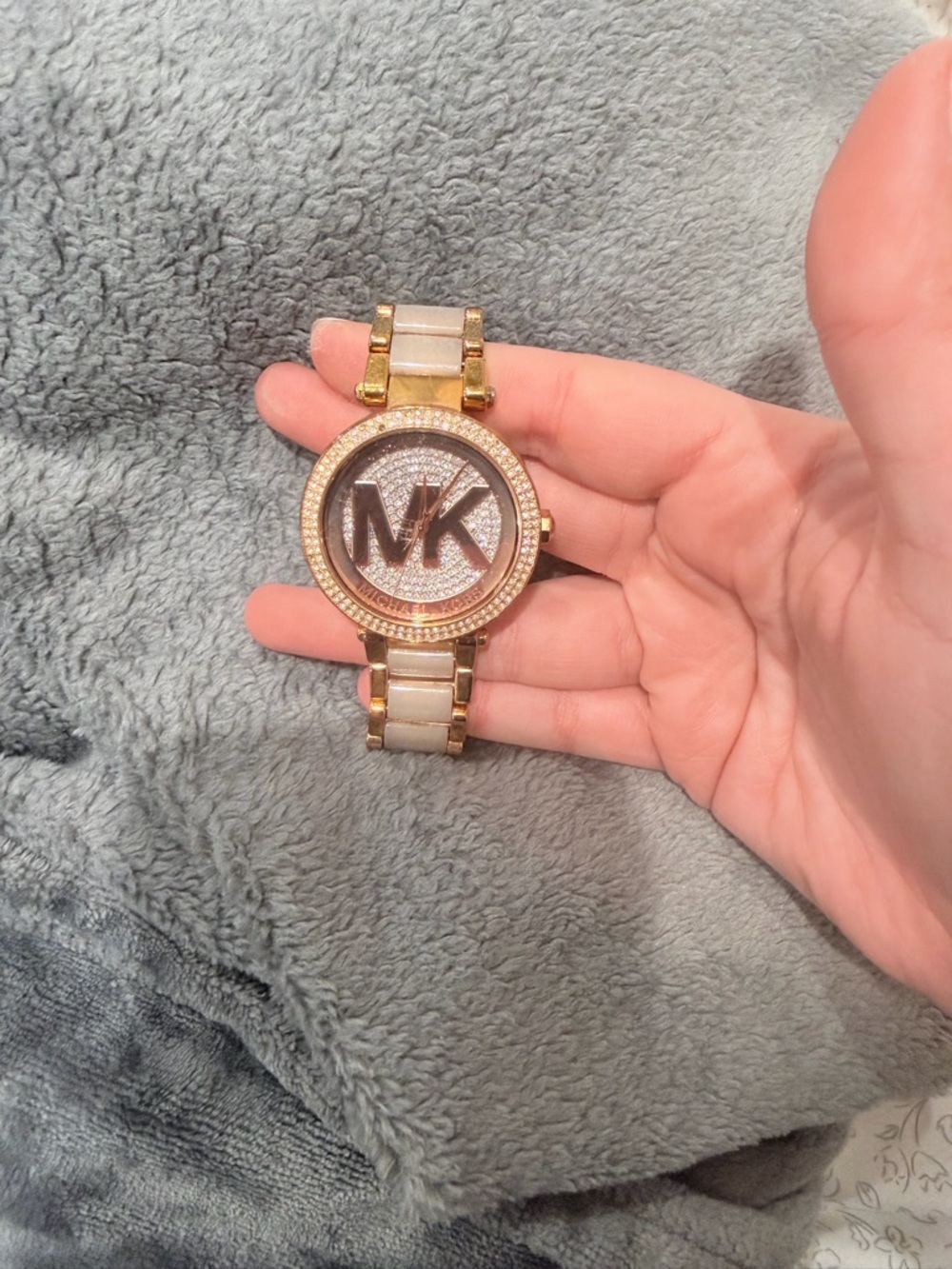 Michael Kors Gold and Ivory Logo Crystal Watch